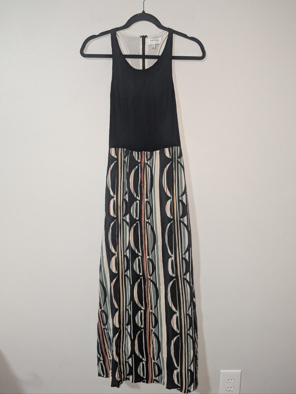 2P Harlyn Anthropologie Black Geometric Print‎ Silk Maxi Dress